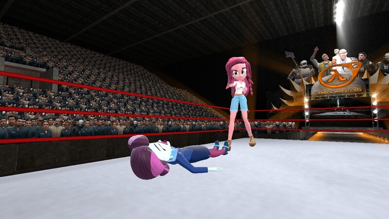 Size: 1280x720 | Tagged: safe, derpibooru import, gloriosa daisy, principal abacus cinch, equestria girls, 3d, combine, dr kleiner, gmod, half-life, wrestling