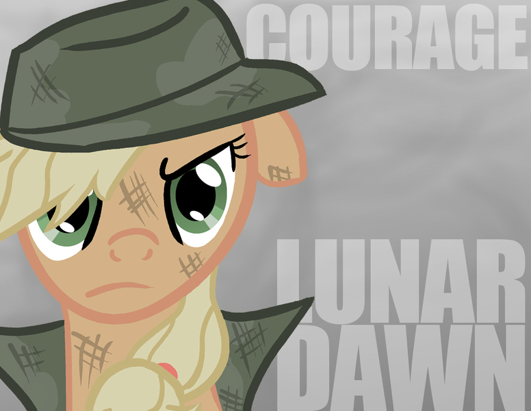 Size: 1000x773 | Tagged: safe, artist:blockeraser, derpibooru import, applejack, pony, fanfic:lunar dawn, clothes, crossover, fanfic art, fatigues, hat, red dawn, solo, stoic