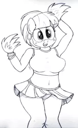 Size: 1953x3200 | Tagged: adorasexy, anthro, artist:an-tonio, belly button, breasts, busty windy whistles, cheerleader, clothes, cute, derpibooru import, female, freckles, legs, midriff, miniskirt, moe, monochrome, panties, panty shot, pleated skirt, sexy, skirt, skirt lift, solo, solo female, suggestive, upskirt, windy whistles, younger