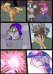 Size: 696x965 | Tagged: semi-grimdark, artist:metal-kitty, derpibooru import, applejack, big macintosh, twilight sparkle, zecora, earth pony, pegasus, pony, unicorn, zebra, banana, blood, carrot, castle, cauldron, comic, crying, dead, depressing, desperation, female, food, heart, kettle, magic, male, mare, sad, shipping, sobbing, straight, trash can, twimac, wide eyes, zecora's hut