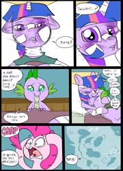 Size: 696x965 | Tagged: safe, artist:metal-kitty, derpibooru import, pinkie pie, spike, twilight sparkle, dragon, pony, comic:mlp project, bandage, bed, blanket, comic, crying, first person view, hospital, offscreen character, pain, pov, simple background, tears of joy, teary eyes, waking up, window