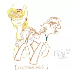 Size: 1494x1441 | Tagged: safe, artist:binkyt11, derpibooru import, daring do, oc, pegasus, pony, alternate hairstyle, angry, angst, crying, descriptive noise, eyebrows, female, jewelry, lip bite, mare, medibang paint, mother and daughter, necklace, parent:daring do, sad, signature, simple background, sketch, teenager, turquoise, white background