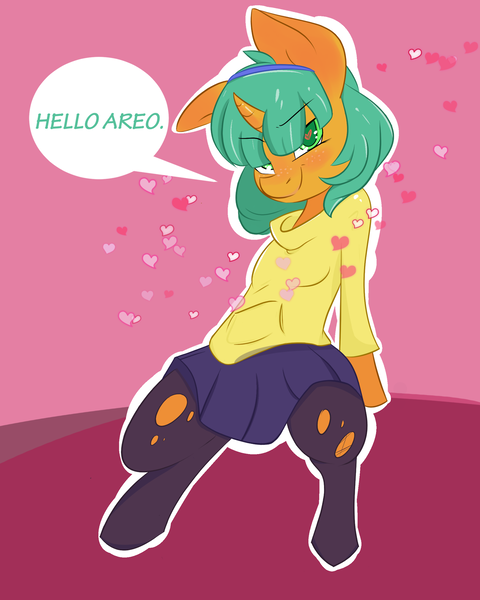 Size: 1280x1600 | Tagged: safe, artist:sketchbox, derpibooru import, snails, pony, aeroshell, alternate hairstyle, bipedal, canon x oc, clothes, crossdressing, cute, glitter shell, hairband, headband, heart, hoodie, implied gay, looking at you, male, offscreen character, ripped stockings, shipping, skirt, smiling, smirk, solo, speech bubble, stockings, sweater, thigh highs, trap