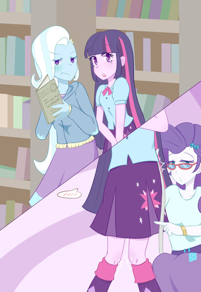 Size: 2370x3444 | Tagged: safe, artist:yuck, derpibooru import, rarity, trixie, twilight sparkle, equestria girls, :t, book, colored pupils, female, glasses, lesbian, library, measuring tape, rarilight, rarity's glasses, shipping, twixie