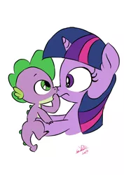 Size: 1000x1414 | Tagged: safe, artist:emositecc, derpibooru import, spike, twilight sparkle, dragon, pony, unicorn, baby, baby dragon, baby spike, boop, cute, female, filly, filly twilight sparkle, looking at each other, male, nose wrinkle, noseboop, signature, simple background, spikabetes, twiabetes, unicorn twilight, white background, younger