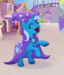 Size: 215x250 | Tagged: safe, derpibooru import, screencap, dawn sunrays, trixie, earth pony, pony, unicorn, my little pony: the movie, background pony, bipedal, canterlot, cape, clothes, cropped, cute, diatrixes, eyes closed, female, happy, hat, mare, offscreen character, rearing, trixie's cape, trixie's hat