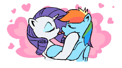Size: 500x281 | Tagged: suggestive, artist:whateverbender, derpibooru import, edit, rainbow dash, rarity, pegasus, pony, unicorn, animated, embrace, eyes closed, eyeshadow, female, frame by frame, french kiss, gif, heart, kissing, lesbian, makeup, raridash, shipping, squigglevision, tongue out, tongue play