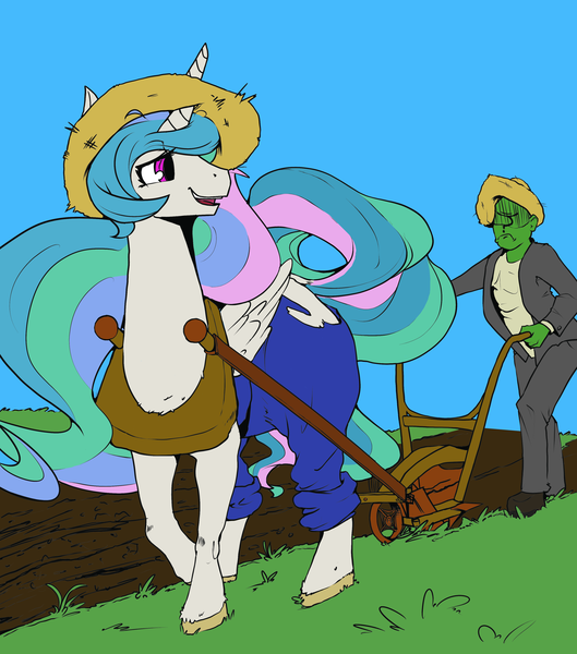 Size: 3264x3700 | Tagged: safe, artist:violise, derpibooru import, editor:totallynotanoob, princess celestia, oc, oc:anon, alicorn, pony, /mlp/, 4chan, clothes, colored, drawthread, duo, farm, frown, hat, horses doing horse things, labor, labour, looking back, overalls, pants, plot, plow, shirt, smiling, straw hat, tack, the ass was fat, working