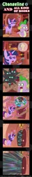 Size: 600x3263 | Tagged: artist:vavacung, changeling, comic, comic:changeling and all kind of books, derpibooru import, door, dragon, golden oaks library, hammer, magic, pictogram, pointy ponies, question mark, safe, spike, twilight sparkle, wood