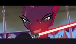 Size: 729x425 | Tagged: safe, derpibooru import, edit, edited screencap, screencap, tempest shadow, pony, unicorn, my little pony: the movie, broken horn, eye scar, horn, image macro, lightsaber, meme, scar, solo, star wars, the phantom menace, weapon