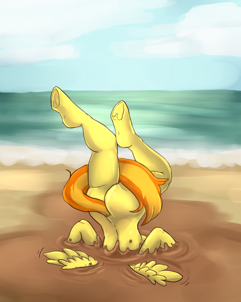 Size: 800x1000 | Tagged: anthro, artist:cottoncloudy, ass, beach, commission, derpibooru import, hooves, mud, nudity, questionable, quicksand, solo, spitfire, stuck, stupid sexy spitfire, underhoof, unguligrade anthro, upside down, wonderbolts