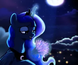 Size: 1753x1476 | Tagged: dead source, safe, artist:kaylemi, derpibooru import, princess luna, alicorn, pony, cloud, female, glowing horn, lavender, lidded eyes, magic, mare, moon, night, solo, stars, telekinesis, that pony sure does love lavender