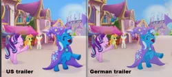 Size: 1165x528 | Tagged: safe, derpibooru import, edit, edited screencap, screencap, cantaloupe (character), dawn sunrays, starlight glimmer, trixie, earth pony, pony, unicorn, my little pony: the movie, background pony, canterlot, cape, clothes, comparison, cropped, eyes closed, female, happy, hat, looking up, mare, raised hoof, rearing, trixie's cape, trixie's hat