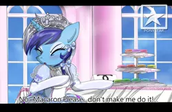 Size: 3200x2092 | Tagged: safe, artist:avchonline, derpibooru import, minuette, semi-anthro, unicorn, arm hooves, ballerina, bipedal, black bars, bow, breasts, canterlot royal ballet academy, clothes, cookie, dress, engrish, female, food, frilly dress, gloves, hair bow, jewelry, lace, long gloves, macaron, makeup, mare, poofy shoulders, ribbon, solo, tiara, tutu