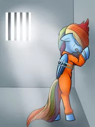 Size: 768x1024 | Tagged: safe, artist:globug100art, derpibooru import, rainbow dash, pony, bipedal, bipedal leaning, bound wings, chains, crying, cuffed, cuffs, handcuffed, jail, leaning, prison, prisoner rd, shackles, solo