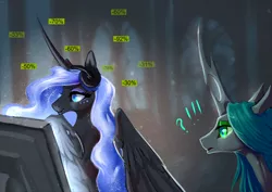 Size: 1157x818 | Tagged: alicorn, artist:begasus, changeling, changeling queen, chrysmoon, claw, computer, cute, cutealis, derpibooru import, female, lesbian, missing accessory, moonabetes, nightmare moon, queen chrysalis, safe, shipping, smiling, steam sale, steam summer sale, this will end in bankruptcy