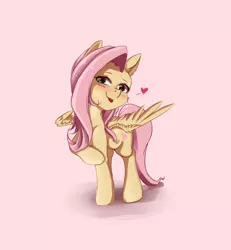 Size: 1000x1080 | Tagged: safe, artist:miokomata, derpibooru import, fluttershy, pegasus, pony, blushing, cheek fluff, cute, cute little fangs, ear fluff, fangs, female, heart, looking at you, mare, raised hoof, shyabetes, signature, solo, tongue out