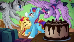 Size: 7680x4320 | Tagged: safe, artist:cutepencilcase, derpibooru import, sunset shimmer, twilight sparkle, twilight sparkle (alicorn), oc, oc:light blade, oc:solar comet, alicorn, pegasus, pony, unicorn, absurd resolution, birthday, cake, crying, cute, eyes closed, female, floppy ears, food, happy, jewelry, male, mare, mouth hold, nuzzling, pendant, present, shimmerbetes, spread wings, stallion, tears of joy, twiabetes, wings