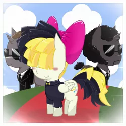 Size: 1998x1998 | Tagged: safe, artist:rockarboom, derpibooru import, songbird serenade, earth pony, pegasus, pony, my little pony: the movie, blushing, bodyguard, female, male, mare, pulp fiction, sia (singer), stallion, sunglasses