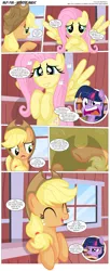 Size: 3300x8059 | Tagged: safe, artist:perfectblue97, derpibooru import, applejack, fluttershy, twilight sparkle, earth pony, pony, comic:without magic, absurd resolution, barn, blank flank, book, bookshelf, comic, earth pony twilight, golden oaks library, sweet apple acres