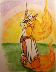 Size: 1024x1331 | Tagged: safe, artist:emberpon3, derpibooru import, daybreaker, alicorn, pony, a royal problem, looking at you, looking back, pencil, sitting, solo, sunrise, traditional art