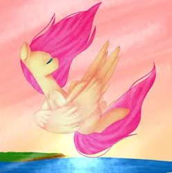 Size: 1024x1029 | Tagged: safe, artist:chibuuuowo, derpibooru import, fluttershy, pony, eyes closed, falling, peaceful, profile, solo, spread wings, wings