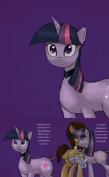 Size: 1290x2097 | Tagged: safe, derpibooru import, doctor whooves, time turner, twilight sparkle, oc, oc:lightning blitz, pegasus, pony, ask miss twilight sparkle, ask pregnant scootaloo, baby, baby pony, colt, comic, dialogue, discord whooves, holding a pony, male, miss twilight sparkle, offspring, parent:rain catcher, parent:scootaloo, parents:catcherloo, purple background, simple background