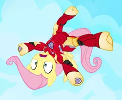 Size: 900x741 | Tagged: safe, artist:pixelkitties, derpibooru import, fluttershy, pegasus, pony, armor, avengers, clothes, falling, female, iron man, iron mare, mare, marvel, solo, suit, superhero