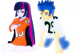 Size: 900x664 | Tagged: safe, artist:swintpony, derpibooru import, flash sentry, twilight sparkle, equestria girls, american football, angry, clothes, denver broncos, female, flashlight, male, nfl, outfit, seattle seahawks, shipping, straight, super bowl xlviii