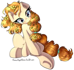 Size: 2200x2070 | Tagged: safe, artist:chaosangeldesu, derpibooru import, pear butter, earth pony, pony, the perfect pear, commission, cute, female, flower, flower in hair, mare, pearabetes, simple background, smiling, solo, transparent background