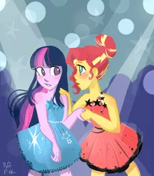 Size: 3075x3500 | Tagged: safe, artist:puffpink, derpibooru import, sunset shimmer, twilight sparkle, equestria girls, alternate costumes, alternate hairstyle, bare shoulders, blushing, clothes, cute, dancing, dress, female, hand on shoulder, high res, holding hands, lesbian, looking at each other, shimmerbetes, shipping, sleeveless, strapless, sunsetsparkle, twiabetes