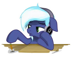 Size: 1609x1293 | Tagged: safe, artist:hardlugia, derpibooru import, oc, oc:moonlight drop, unofficial characters only, pony, blue coat, blue mane, bored, green eyes, headphones, pencil, simple background, solo, table, transparent background, white mane