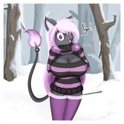 Size: 3000x3000 | Tagged: anthro, artist:hardlugia, big breasts, black coat, breasts, cat ears, cleavage, clothes, derpibooru import, ear piercing, earring, fangs, female, gloves, huge breasts, jewelry, jingle bells, keyhole turtleneck, leg warmers, leonine tail, mittens, nya, oc, oc:angel heartstrings, piercing, pink eyes, pink mane, snow, socks, solo, suggestive, sweater, tail, thigh highs, tree, turtleneck, unofficial characters only, winter