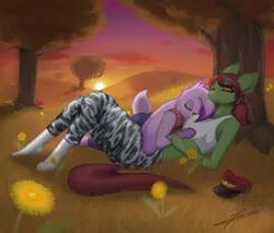 Size: 2640x2245 | Tagged: safe, artist:hardlugia, derpibooru import, oc, oc:kazlee, unofficial characters only, anthro, earth pony, rabbit, unguligrade anthro, autumn, clothes, cloud, cute, duo, grass, green coat, hug, nap, pink fur, red mane, socks, sunset, team captain, tree, under the tree