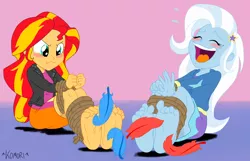 Size: 6156x3974 | Tagged: suggestive, anonymous artist, artist:chaoskomori, derpibooru import, sunset shimmer, trixie, equestria girls, absurd resolution, barefoot, blushing, bondage, caught, clothes, crying, curled toes, eyes closed, feather, feet, female, females only, femsub, fetish, hoodie, image, jacket, laughing, leather jacket, png, rope, skirt, soles, submissive, subset, tears of laughter, the weak and powerless trixie, tickle fetish, tickle torture, tickling, toes, trixsub, wiggling toes