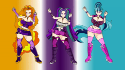 Size: 800x450 | Tagged: suggestive, artist:momoiro-kun, derpibooru import, adagio dazzle, aria blaze, sonata dusk, equestria girls, abs, animated, bedroom eyes, belly button, belt, big breasts, bimbo, boots, bracelet, breasts, busty adagio dazzle, busty aria blaze, busty sonata dusk, cleavage, clothes, corset, dancing, evening gloves, fingerless elbow gloves, fingerless gloves, gif, gloves, gyration, huge breasts, human coloration, hypnotic, impossibly small torso, jewelry, long gloves, microskirt, midriff, miniskirt, necklace, panties, pigtails, pleated skirt, ponytail, shoes, skirt, socks, the dazzlings, thigh highs, thighs, thong, tube top, twintails, underwear, upskirt