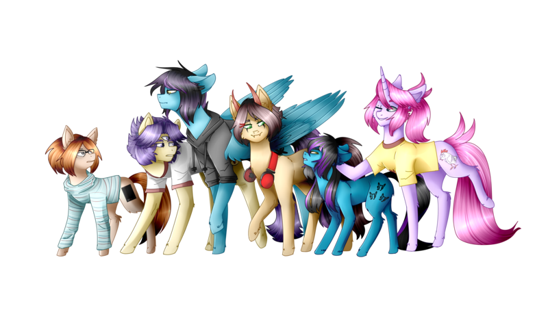 Size: 2560x1460 | Tagged: safe, artist:antidism, artist:despotshy, derpibooru import, oc, oc:despot, oc:despy, oc:kissel, oc:nell, oc:noel, oc:vadim, unofficial characters only, earth pony, pegasus, pony, unicorn, female, male, mare, simple background, stallion, transparent background