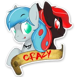 Size: 1515x1525 | Tagged: safe, artist:hardlugia, derpibooru import, oc, oc:crazy, unofficial characters only, pony, black coat, blue mane, duo, green eyes, red eyes, red mane, simple background, sticker, tattoo, transparent background, white coat, yin-yang