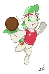 Size: 1267x1881 | Tagged: safe, artist:hardlugia, derpibooru import, oc, oc:lucky seven, unofficial characters only, pony, ball, cutie mark, green eyes, green mane, headband, jumping, mid-air, red team, simple background, sports, sporty style, sticker, transparent background, white coat