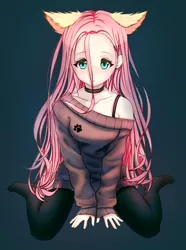 Size: 966x1300 | Tagged: anime, artist:mite-lime, bra strap, choker, clothes, derpibooru import, eared humanization, floppy ears, fluttershy, human, humanized, kneeling, looking at you, off shoulder, safe, simple background, solo, stockings, sweater, sweatershy, thigh highs