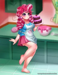 Size: 900x1168 | Tagged: apron, artist:racoonsan, barefoot, breasts, busty cup cake, cake, chiffon swirl, clothes, cup cake, cute, cute cake, derpibooru import, dessert, feet, female, food, human, humanized, kitchen, legs, looking at you, miniskirt, moe, safe, skirt, solo, sugarcube corner, the perfect pear, walking, younger