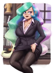 Size: 2344x3125 | Tagged: artist:king-kakapo, artist:mrscurlystyles, beautiful, big breasts, blazer, blushing, bookshelf, breasts, business suit, busty princess celestia, cleavage, clothes, collaboration, colored, derpibooru import, eye clipping through hair, female, flashing, hair over one eye, human, human female, humanized, jacket, large voluminous hair, legs, light skin, lipstick, makeup, office, on table, panties, pantyhose, princess celestia, shirt, simple background, sitting, skirt, skirt lift, skirt pull, skirt suit, solo, solo female, stupid sexy celestia, suggestive, transparent background, underwear, upskirt, white underwear, wide hips