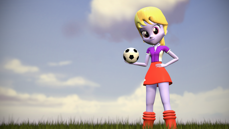 Size: 1920x1080 | Tagged: safe, artist:razethebeast, derpibooru import, cloudy kicks, equestria girls, 3d, ball, clothes, cute, female, grass field, legs, ponytail, skirt, socks, solo, source filmmaker