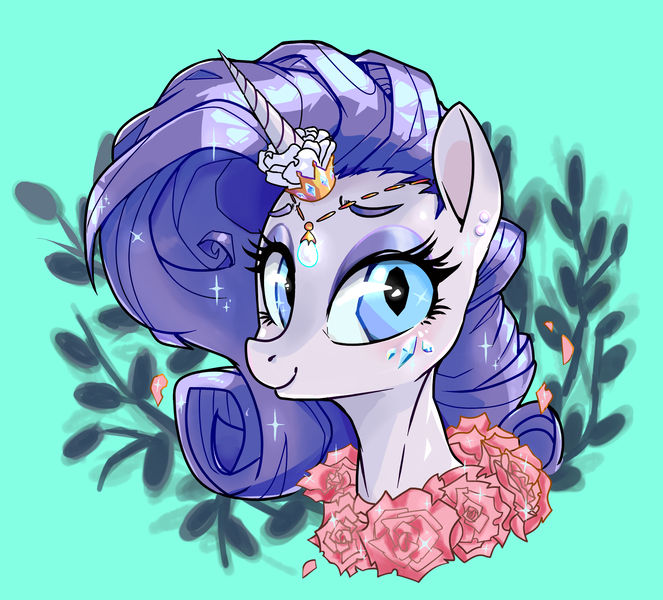 Size: 2041x1846 | Tagged: safe, artist:twitchykismet, derpibooru import, rarity, pony, unicorn, female, flower, horn ring, jewelry, looking at you, mare, pearl, rarity month, solo