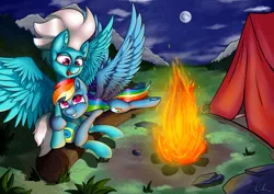 Size: 4960x3507 | Tagged: safe, artist:calena, derpibooru import, fleetfoot, rainbow dash, pegasus, pony, absurd resolution, bench, camper, campfire, colored pupils, commission, female, fire, fleetdash, grass, holding, lesbian, mare, moon, night, romantic, shipping, sitting, sky, smiling, snuggling, tent