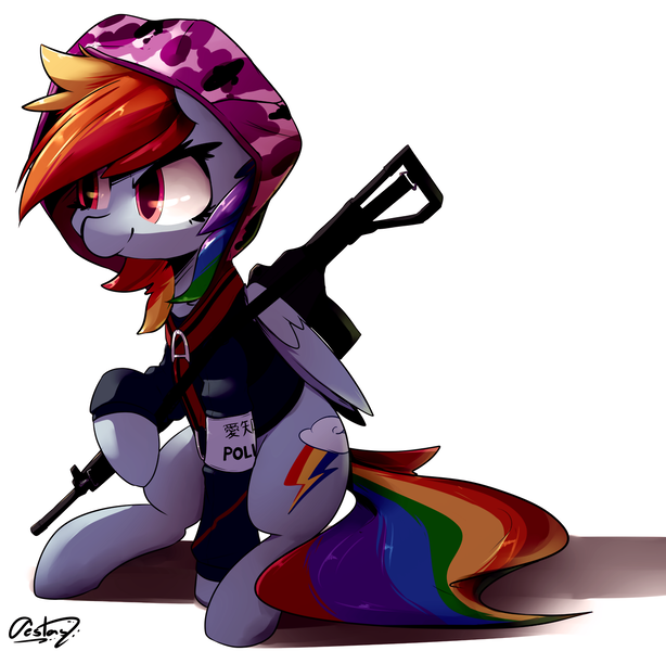 Size: 1280x1250 | Tagged: safe, artist:bloodatius, derpibooru import, rainbow dash, pony, chinese text, clothes, gun, hibana, hoodie, kanji, rainbow six siege, rifle, simple background, sitting, solo, type 89, weapon, white background