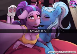 Size: 1755x1237 | Tagged: suggestive, artist:sugarlesspaints, derpibooru import, starlight glimmer, trixie, anthro, plantigrade anthro, blushing, breasts, clothes, female, kissing, lesbian, looking at you, selfie, shipping, snapchat, socks, startrix