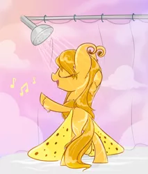 Size: 2000x2343 | Tagged: safe, artist:meekcheep, derpibooru import, oc, oc:dawn gleam, unofficial characters only, mothpony, original species, pony, bipedal, eyes closed, female, fluffy, mare, music notes, shower, showering, singing, singing in the shower, solo, unshorn fetlocks