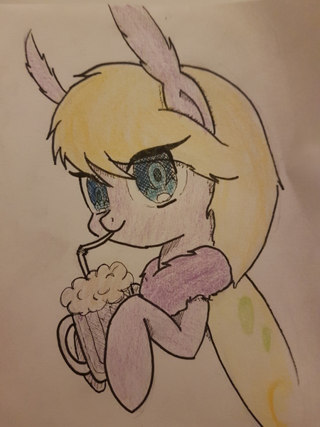 Size: 3024x4032 | Tagged: safe, artist:anonymous, derpibooru import, oc, oc:frosty flicker, unofficial characters only, mothpony, original species, pony, absurd resolution, colored pupils, drinking straw, ear fluff, female, fluffy, glass, hoof hold, looking at you, mare, milkshake, simple background, solo, traditional art, white background