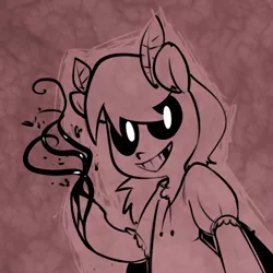 Size: 600x600 | Tagged: artist:anonymous, black goo, blouse, creepy, creepy grin, derpibooru import, female, gap teeth, grin, looking at you, mare, mothpony, oc, original species, raised hoof, safe, semi-anthro, smiling, solo, unofficial characters only